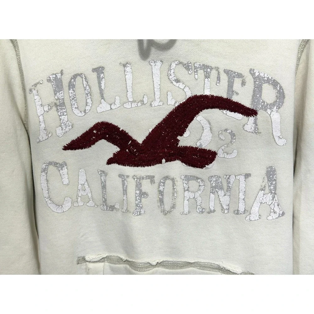 Y2K Hollister Men's Small Vintage Distressed Off White Heavy Weight Logo Hoodie